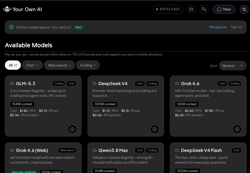 The Online Models page - frontier models with prices shown up front